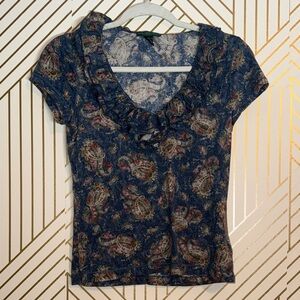 Ralph Lauren Y2K Paisley Ruffle V-Neck Blouse Size XS Blue